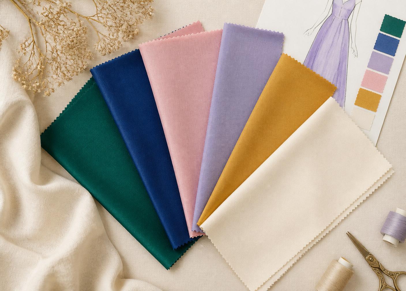 Fabric swatches in emerald, sapphire, blush, lavender and mustard