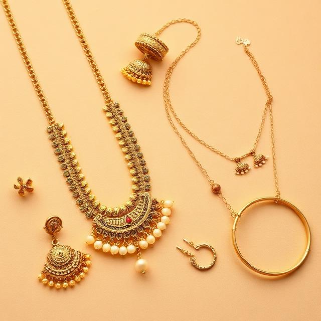 Gold temple jewelry and pearls arranged on a warm peach background